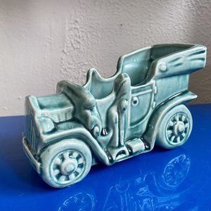 Mid-Century Green Ceramic Antique Automobile Planter